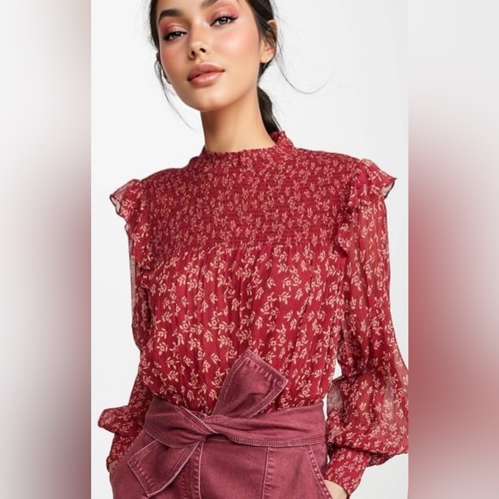 Free People Roma Smocked Blouse Floral Red